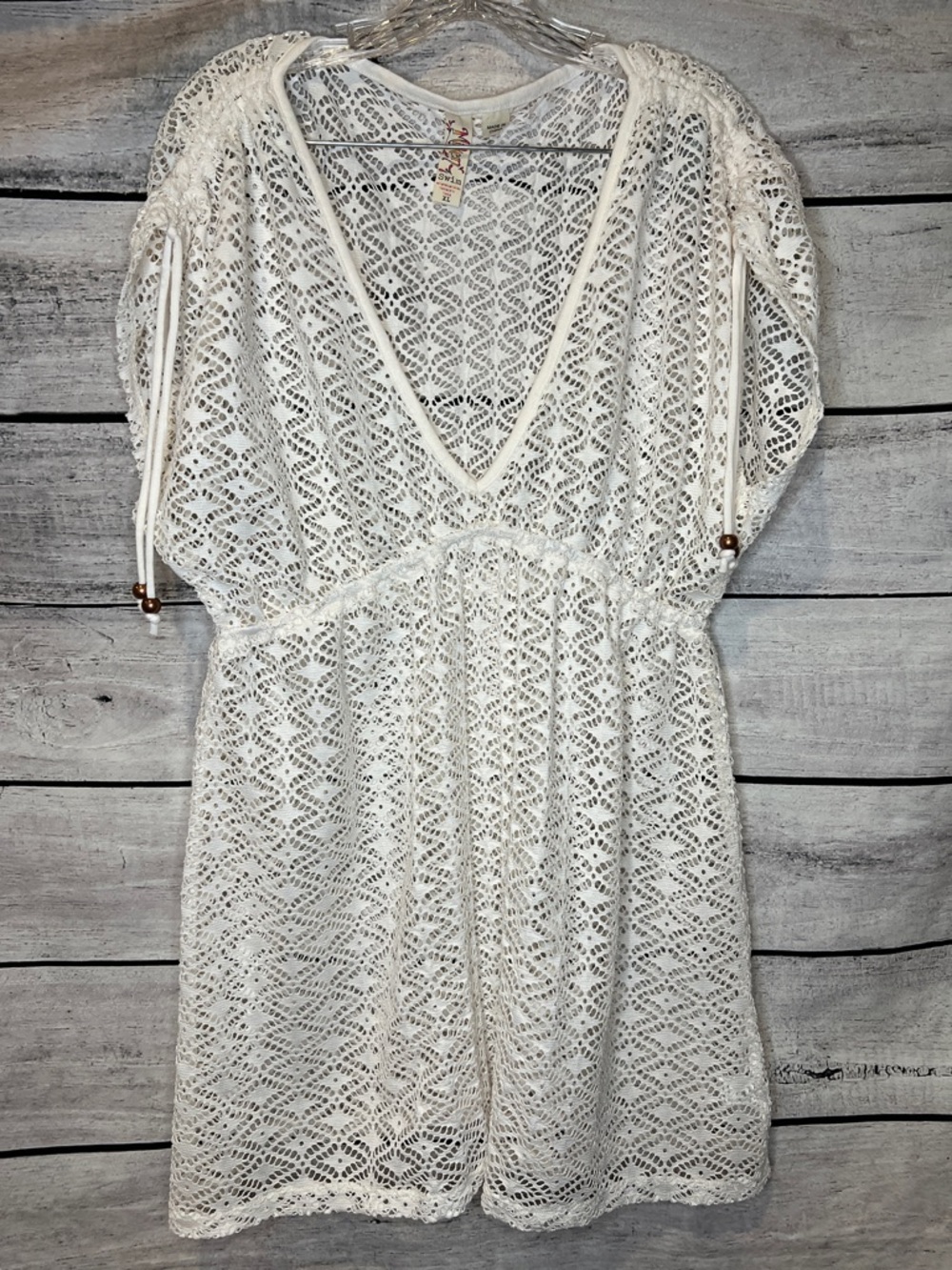Miken Cream White Lace Crochet V-Neck Swim Cover Sheer Mini Dress Beaded Trim